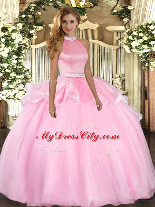 Luxury Sleeveless Tulle Floor Length Backless 15th Birthday Dress in Pink with Beading and Ruffles