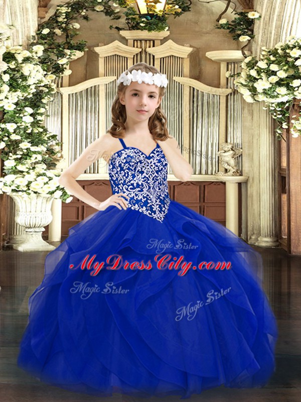 Royal Blue Lace Up Straps Beading and Ruffles Girls Pageant Dresses Tulle Sleeveless