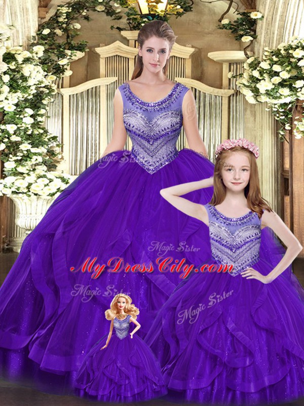 Delicate Floor Length Lace Up Quinceanera Gowns Eggplant Purple for Military Ball and Sweet 16 and Quinceanera with Beading and Ruffles