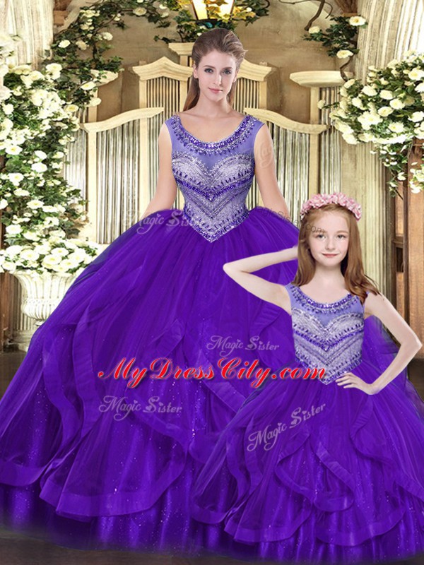 Delicate Floor Length Lace Up Quinceanera Gowns Eggplant Purple for Military Ball and Sweet 16 and Quinceanera with Beading and Ruffles