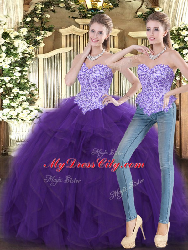 Cheap Purple Sweetheart Lace Up Beading and Ruffles Sweet 16 Quinceanera Dress Sleeveless