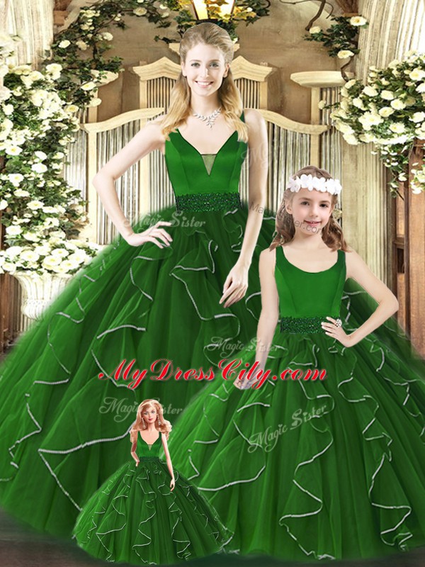 Green Ball Gowns V-neck Sleeveless Organza Floor Length Zipper Beading and Ruffles Ball Gown Prom Dress