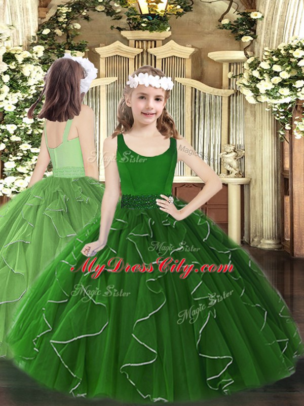 Green Ball Gowns V-neck Sleeveless Organza Floor Length Zipper Beading and Ruffles Ball Gown Prom Dress