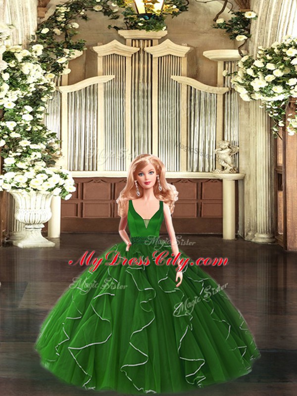 Green Ball Gowns V-neck Sleeveless Organza Floor Length Zipper Beading and Ruffles Ball Gown Prom Dress