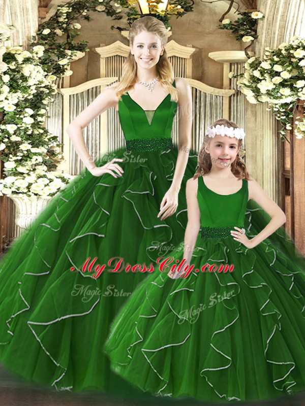 Green Ball Gowns V-neck Sleeveless Organza Floor Length Zipper Beading and Ruffles Ball Gown Prom Dress