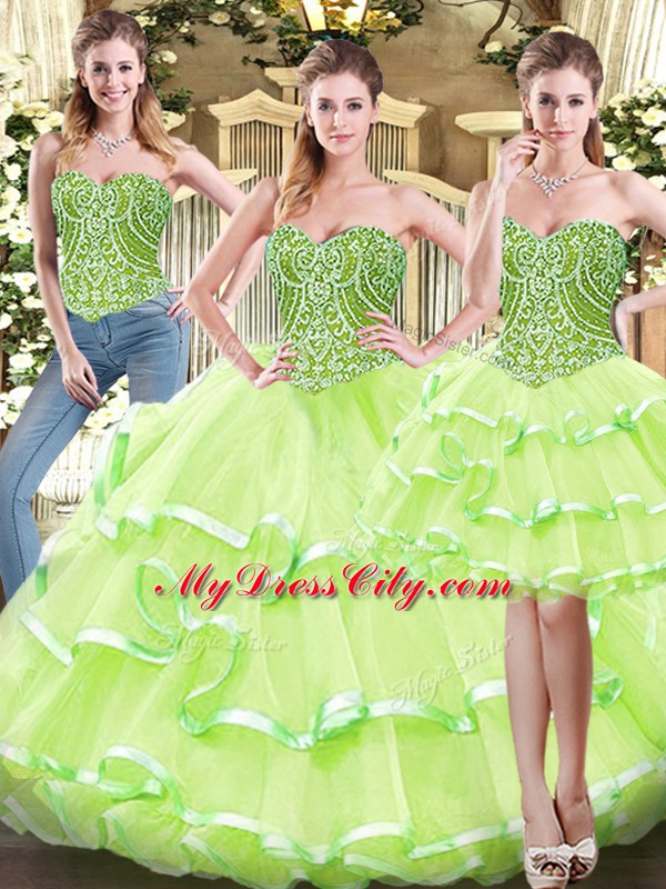 Lovely Sweetheart Sleeveless Lace Up Ball Gown Prom Dress Yellow Green Organza