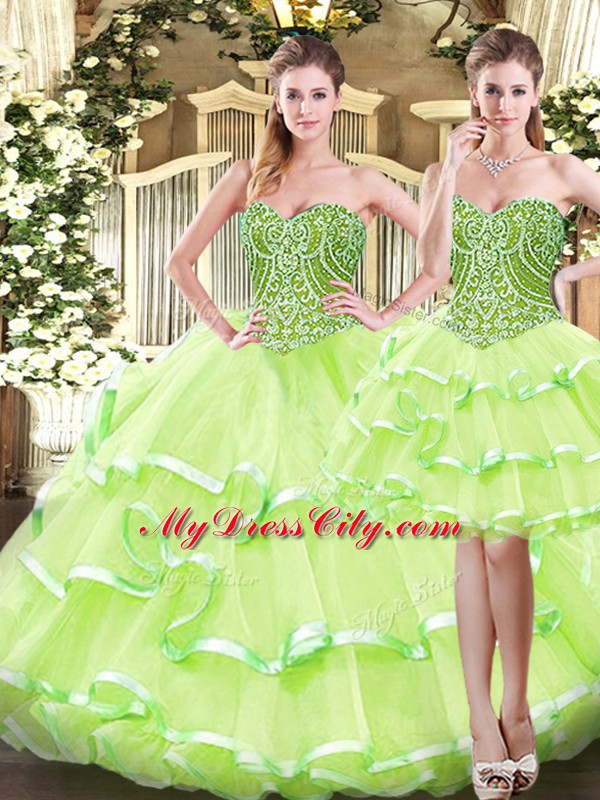 Lovely Sweetheart Sleeveless Lace Up Ball Gown Prom Dress Yellow Green Organza