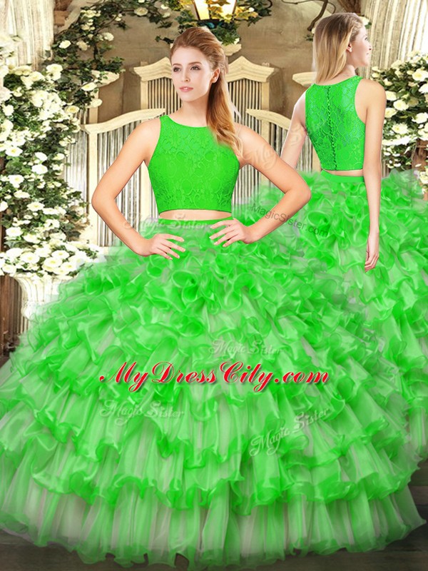 Nice Green Sleeveless Ruffled Layers Floor Length 15th Birthday Dress