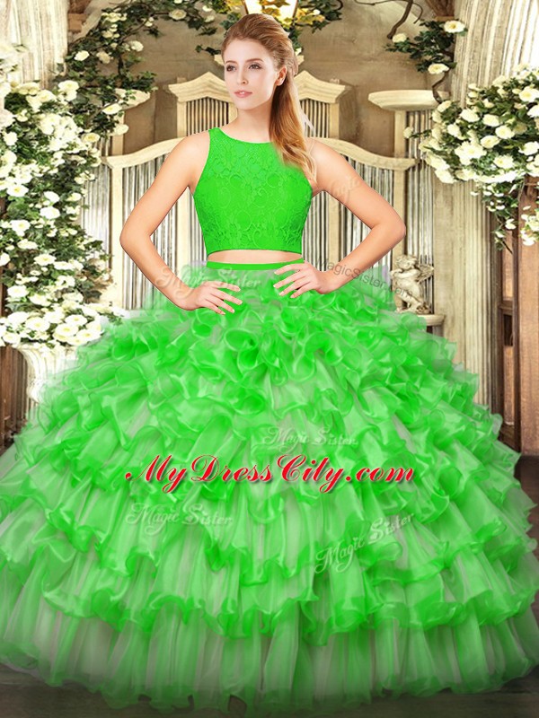 Nice Green Sleeveless Ruffled Layers Floor Length 15th Birthday Dress