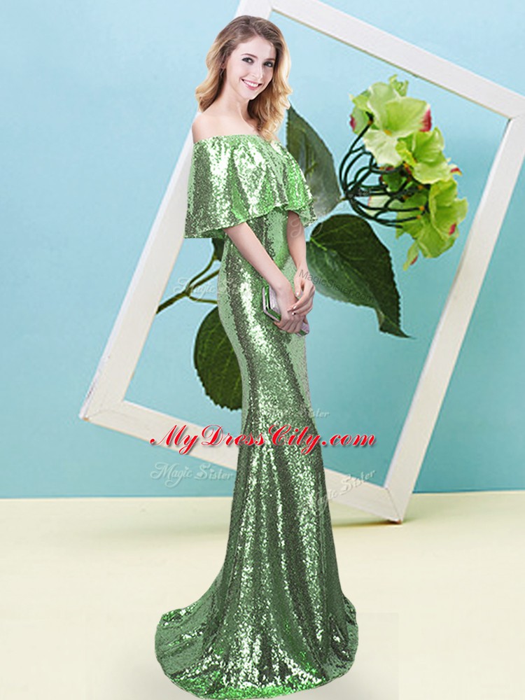 Suitable Half Sleeves Floor Length Sequins Zipper Prom Party Dress with