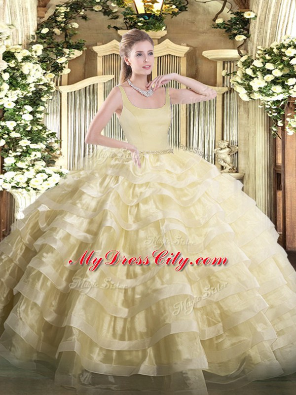 Straps Sleeveless Organza Quinceanera Gowns Beading and Ruffled Layers Zipper