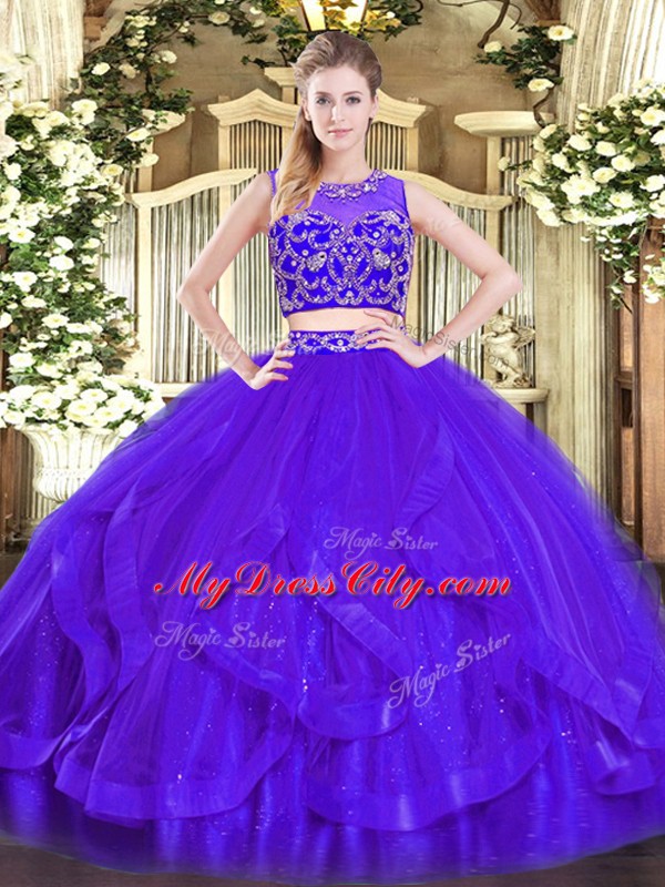 Glamorous Scoop Sleeveless Tulle 15th Birthday Dress Beading and Ruffles Zipper