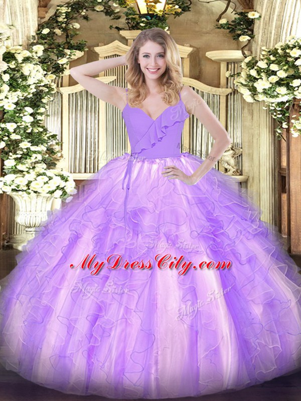 Lavender Organza Zipper Quince Ball Gowns Sleeveless Floor Length Ruffles