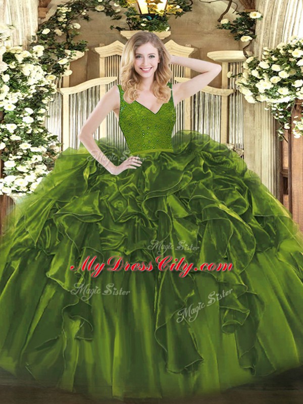 Super Olive Green Organza Zipper V-neck Sleeveless Floor Length Sweet 16 Quinceanera Dress Beading and Ruffles