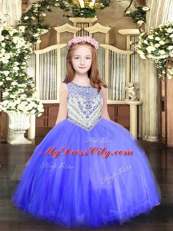 Pretty Sleeveless Floor Length Beading Zipper Kids Formal Wear with Baby Blue