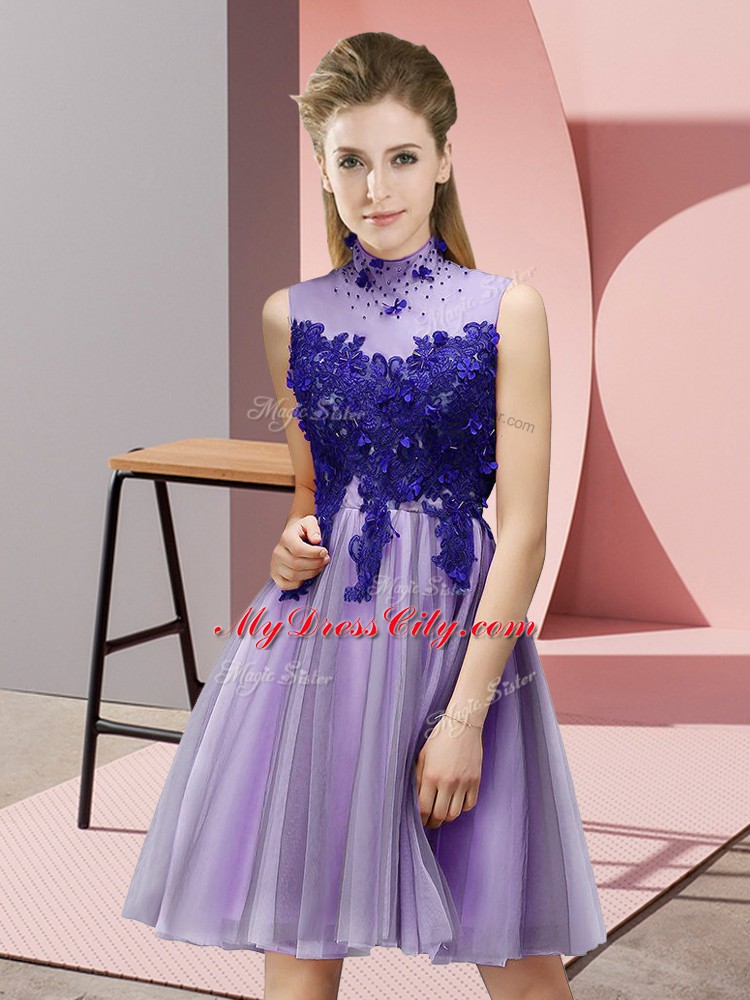 Flare Empire Wedding Guest Dresses Lavender High-neck Tulle Sleeveless Knee Length Lace Up