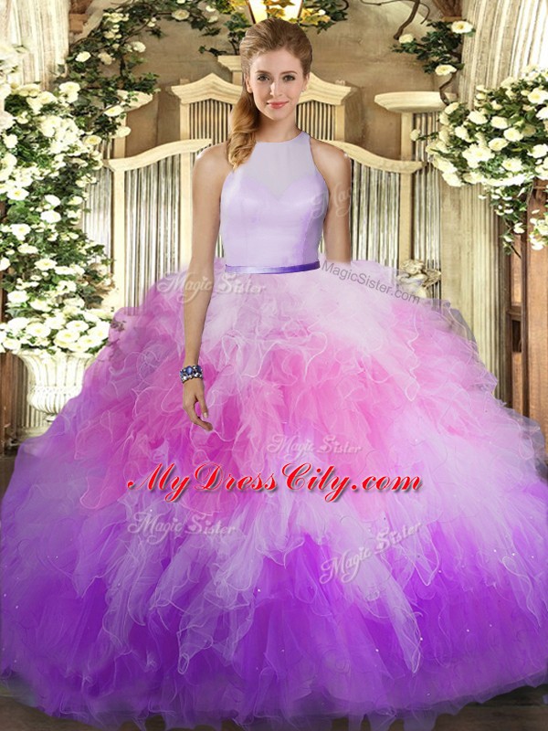 High-neck Sleeveless Vestidos de Quinceanera Floor Length Ruffles Multi-color Tulle