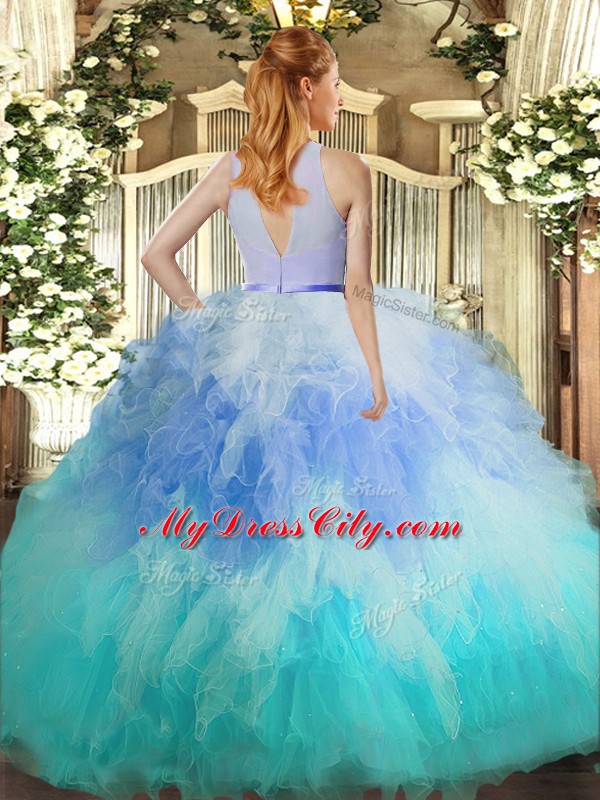 High-neck Sleeveless Vestidos de Quinceanera Floor Length Ruffles Multi-color Tulle