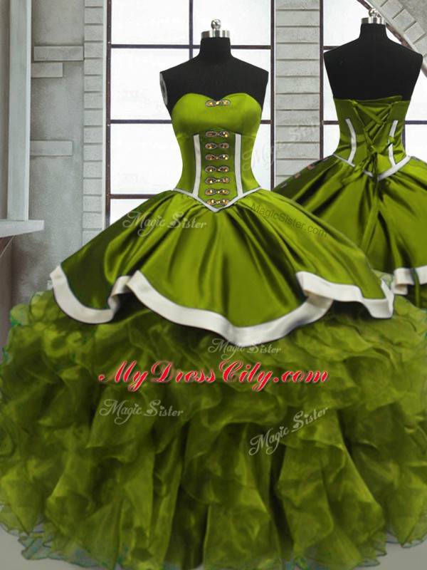 Floor Length Lace Up 15 Quinceanera Dress Olive Green for Sweet 16 and Quinceanera with Beading and Ruffles