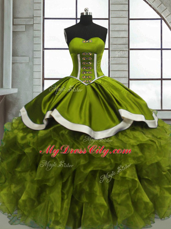 Floor Length Lace Up 15 Quinceanera Dress Olive Green for Sweet 16 and Quinceanera with Beading and Ruffles