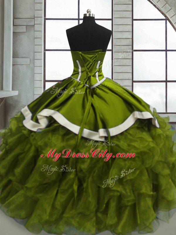 Floor Length Lace Up 15 Quinceanera Dress Olive Green for Sweet 16 and Quinceanera with Beading and Ruffles