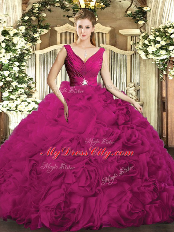 Trendy Sleeveless Floor Length Beading Backless Ball Gown Prom Dress with Fuchsia