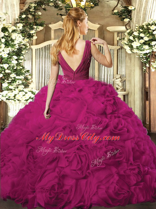 Trendy Sleeveless Floor Length Beading Backless Ball Gown Prom Dress with Fuchsia