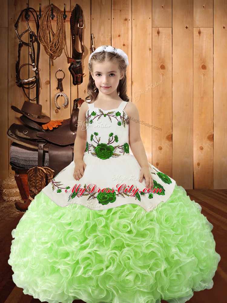 Superior Yellow Green Ball Gowns Embroidery and Ruffles Pageant Dress for Teens Lace Up Fabric With Rolling Flowers Sleeveless Floor Length