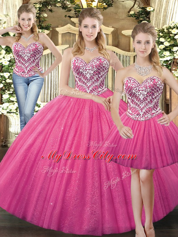 Best Hot Pink Quinceanera Gowns Military Ball and Sweet 16 and Quinceanera with Beading Sweetheart Sleeveless Lace Up