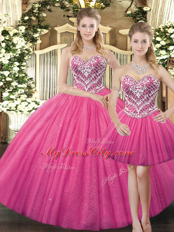 Best Hot Pink Quinceanera Gowns Military Ball and Sweet 16 and Quinceanera with Beading Sweetheart Sleeveless Lace Up