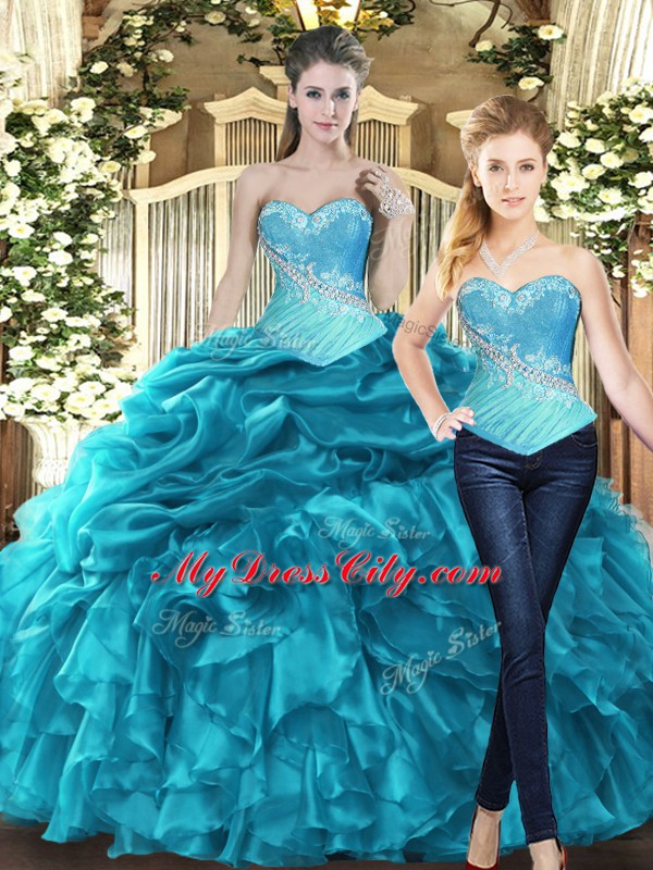 Admirable Teal Sweetheart Lace Up Beading and Ruffles 15th Birthday Dress Sleeveless