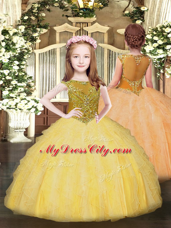 Gold Ball Gowns Organza Scoop Sleeveless Beading and Ruffles Floor Length Lace Up Quinceanera Dresses