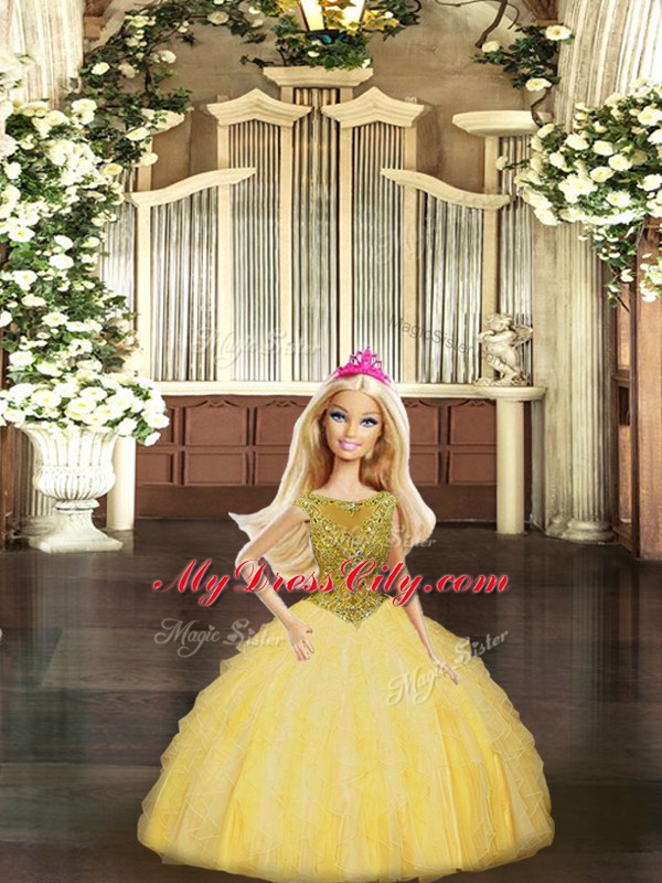 Gold Ball Gowns Organza Scoop Sleeveless Beading and Ruffles Floor Length Lace Up Quinceanera Dresses