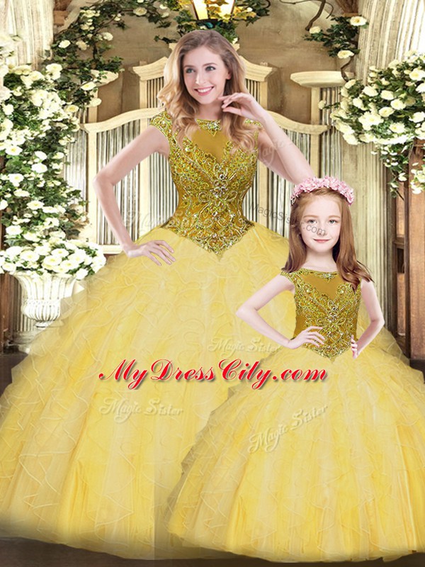 Gold Ball Gowns Organza Scoop Sleeveless Beading and Ruffles Floor Length Lace Up Quinceanera Dresses