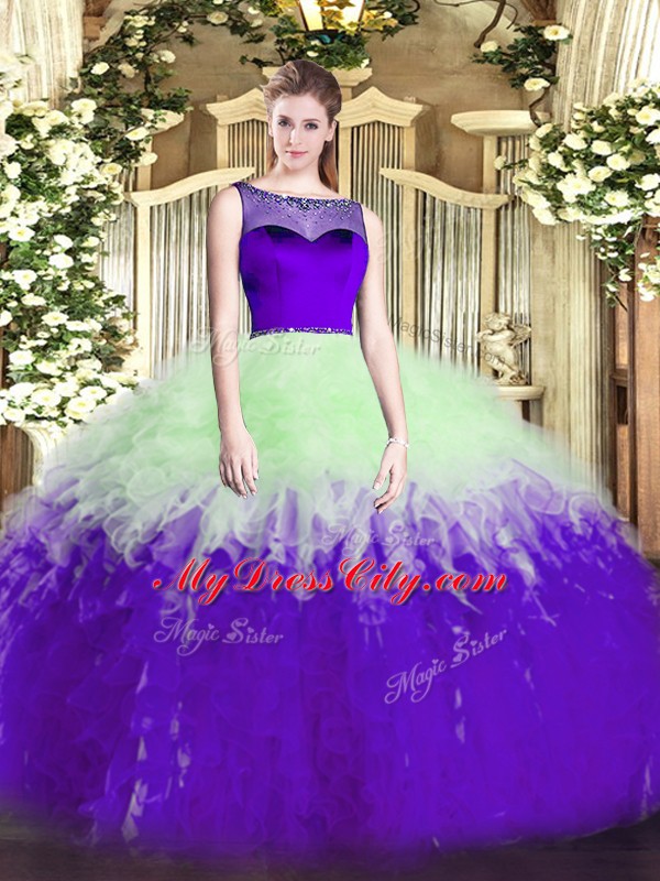 Pretty Tulle Sleeveless Floor Length Quinceanera Dress and Beading and Ruffles