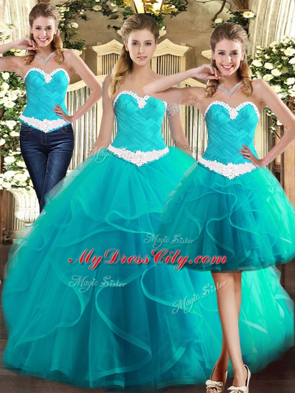 Elegant Turquoise 15 Quinceanera Dress Military Ball and Sweet 16 and Quinceanera with Ruffles Sweetheart Sleeveless Lace Up