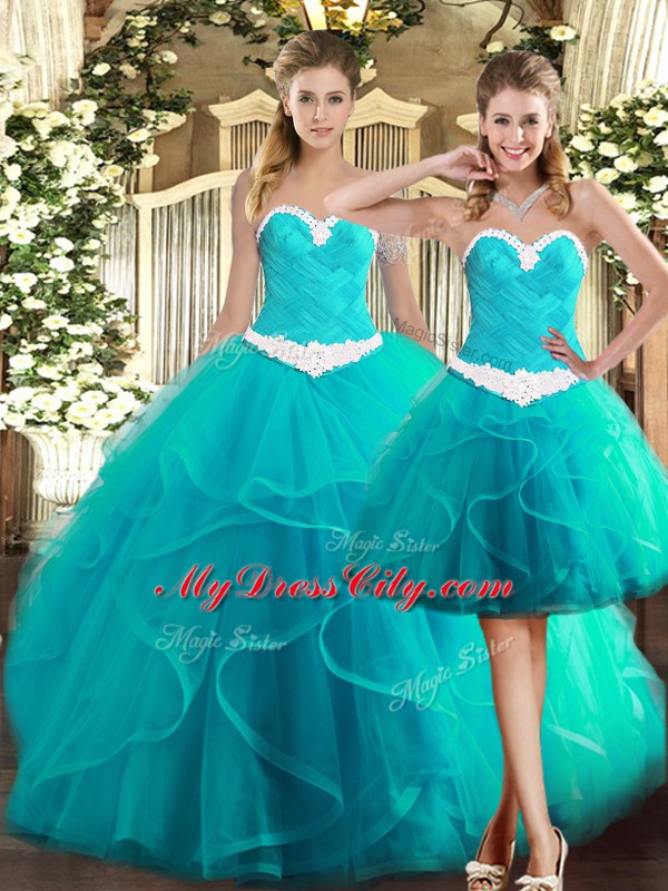 Elegant Turquoise 15 Quinceanera Dress Military Ball and Sweet 16 and Quinceanera with Ruffles Sweetheart Sleeveless Lace Up