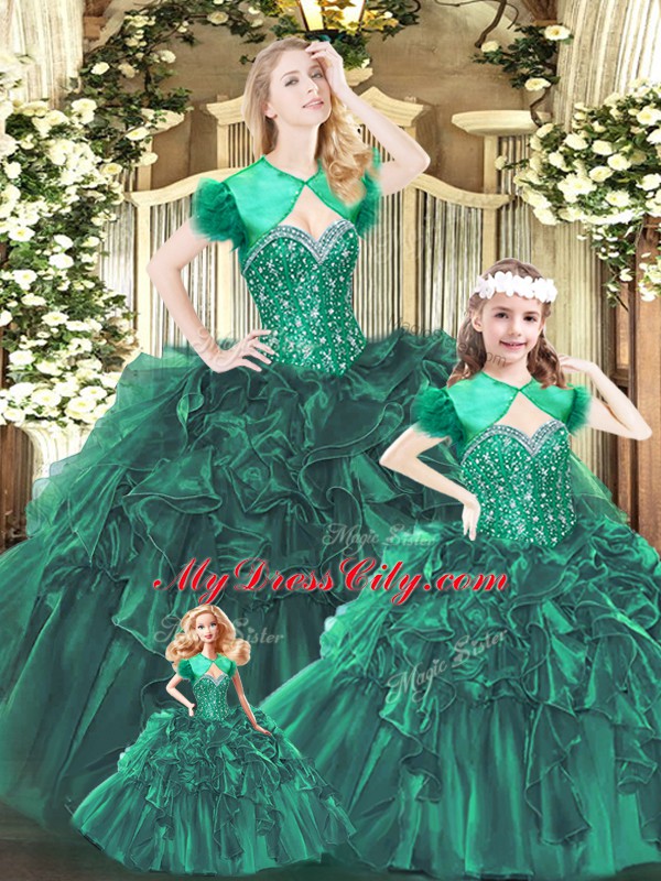 Discount Sleeveless Organza Floor Length Lace Up Quinceanera Dresses in Green with Beading and Ruffles