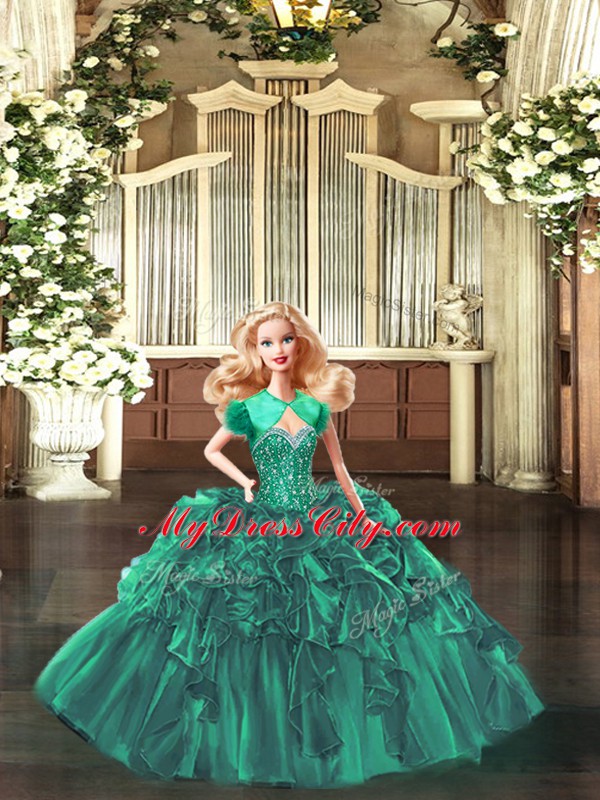 Discount Sleeveless Organza Floor Length Lace Up Quinceanera Dresses in Green with Beading and Ruffles