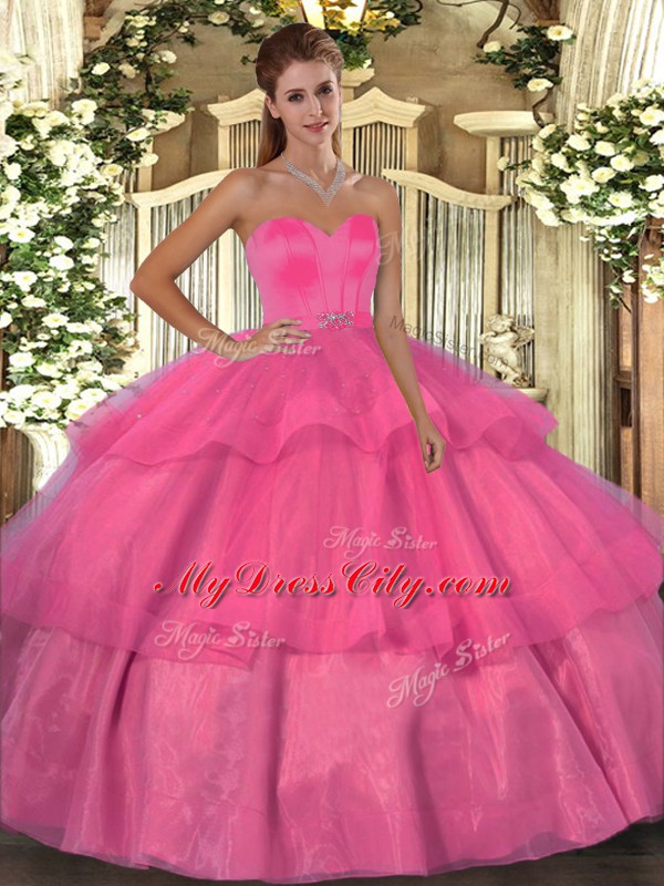 Hot Pink Sweetheart Neckline Beading and Ruffled Layers 15th Birthday Dress Sleeveless Lace Up