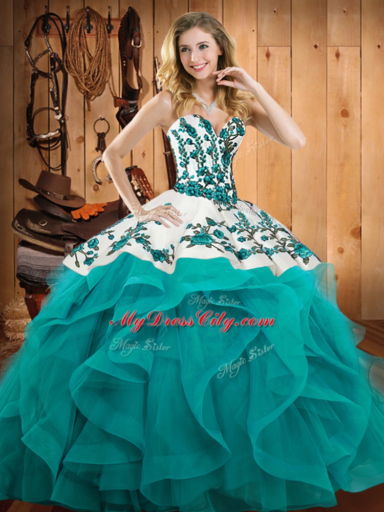 Teal Ball Gowns Sweetheart Sleeveless Satin and Organza Floor Length Lace Up Embroidery and Ruffles Sweet 16 Quinceanera Dress