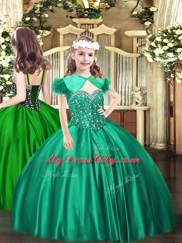 Turquoise Satin Lace Up Straps Sleeveless Floor Length Pageant Dress for Teens Beading