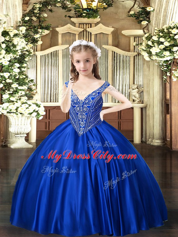 Royal Blue Sleeveless Beading Floor Length Winning Pageant Gowns