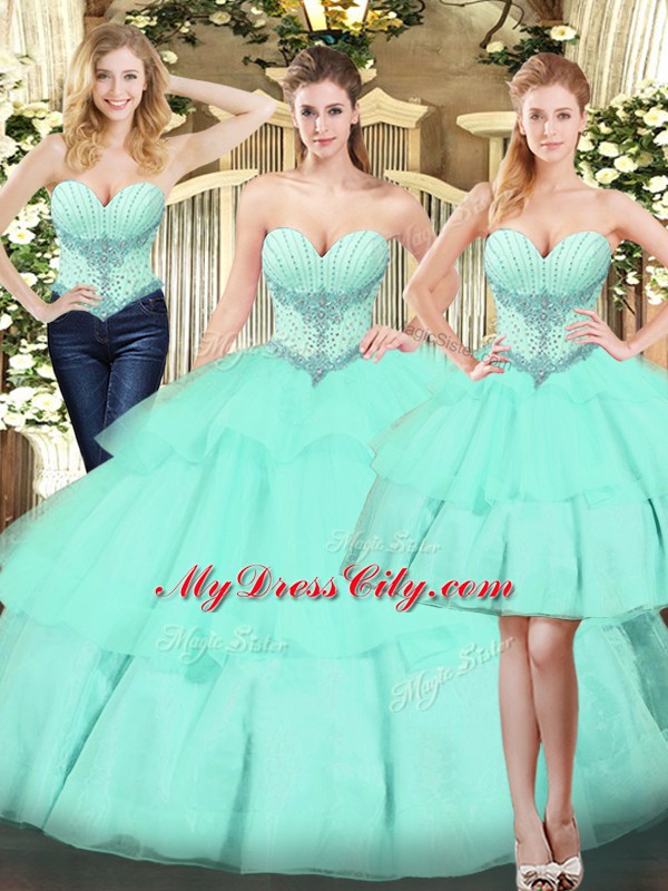 Apple Green Organza Lace Up Sweetheart Sleeveless Floor Length Vestidos de Quinceanera Beading and Ruffled Layers