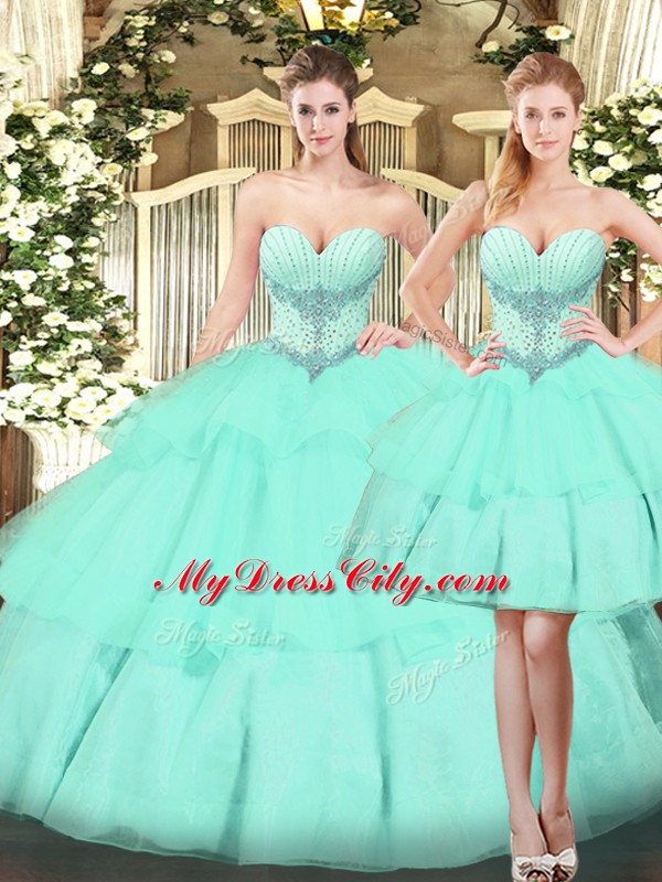 Apple Green Organza Lace Up Sweetheart Sleeveless Floor Length Vestidos de Quinceanera Beading and Ruffled Layers