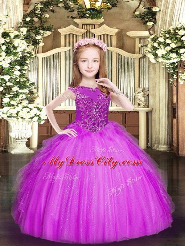 Fuchsia Ball Gowns Tulle Scoop Sleeveless Beading and Ruffles Floor Length Zipper Child Pageant Dress