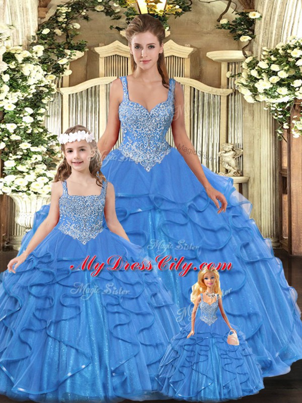 Custom Design Baby Blue Tulle Lace Up 15th Birthday Dress Sleeveless Floor Length Beading and Ruffles