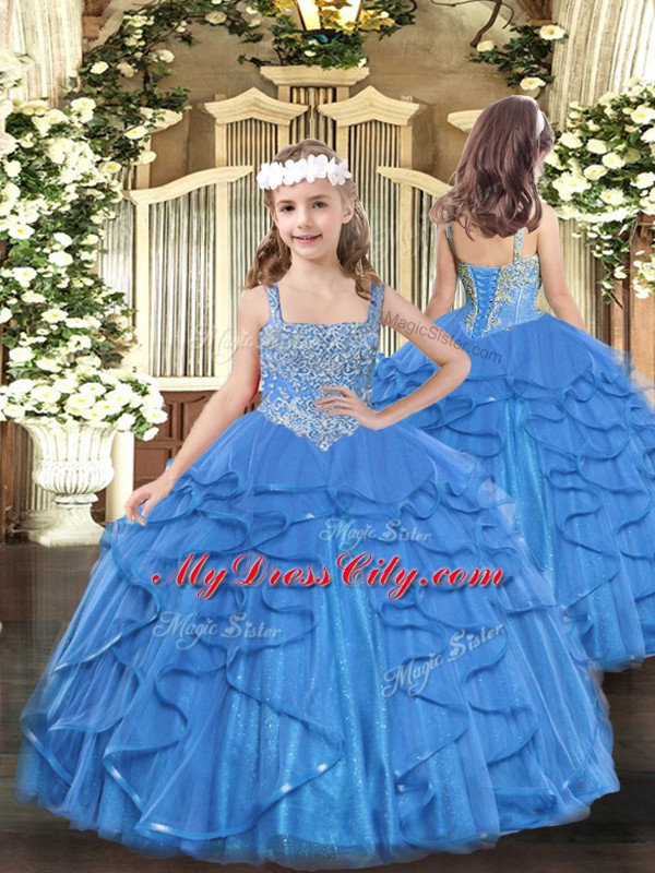 Custom Design Baby Blue Tulle Lace Up 15th Birthday Dress Sleeveless Floor Length Beading and Ruffles