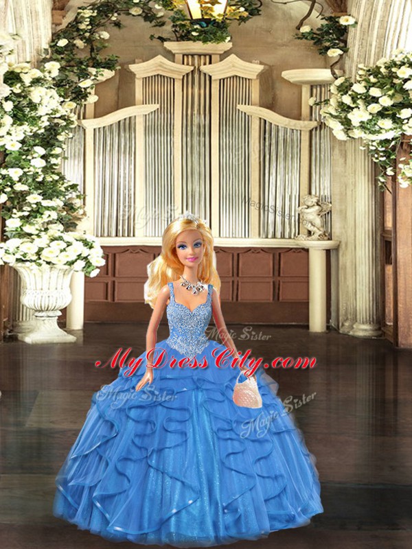 Custom Design Baby Blue Tulle Lace Up 15th Birthday Dress Sleeveless Floor Length Beading and Ruffles