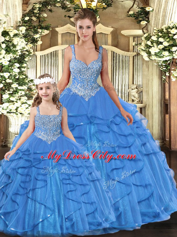 Custom Design Baby Blue Tulle Lace Up 15th Birthday Dress Sleeveless Floor Length Beading and Ruffles